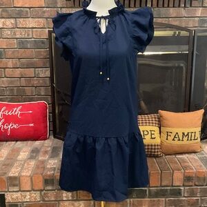 Chic Navy Blue Ruffle Sleeve Dress with side Pockets